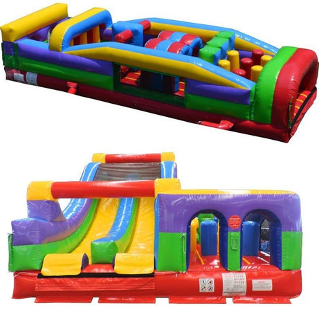 59' Dual 7-Element Inflatable Obstacle Course, Retro Rainbow