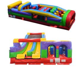 59' Dual 7-Element Inflatable Obstacle Course, Retro Rainbow